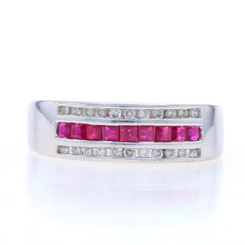 White Gold Ruby & Diamond Band - 14k Square .69ctw Stripe Ring